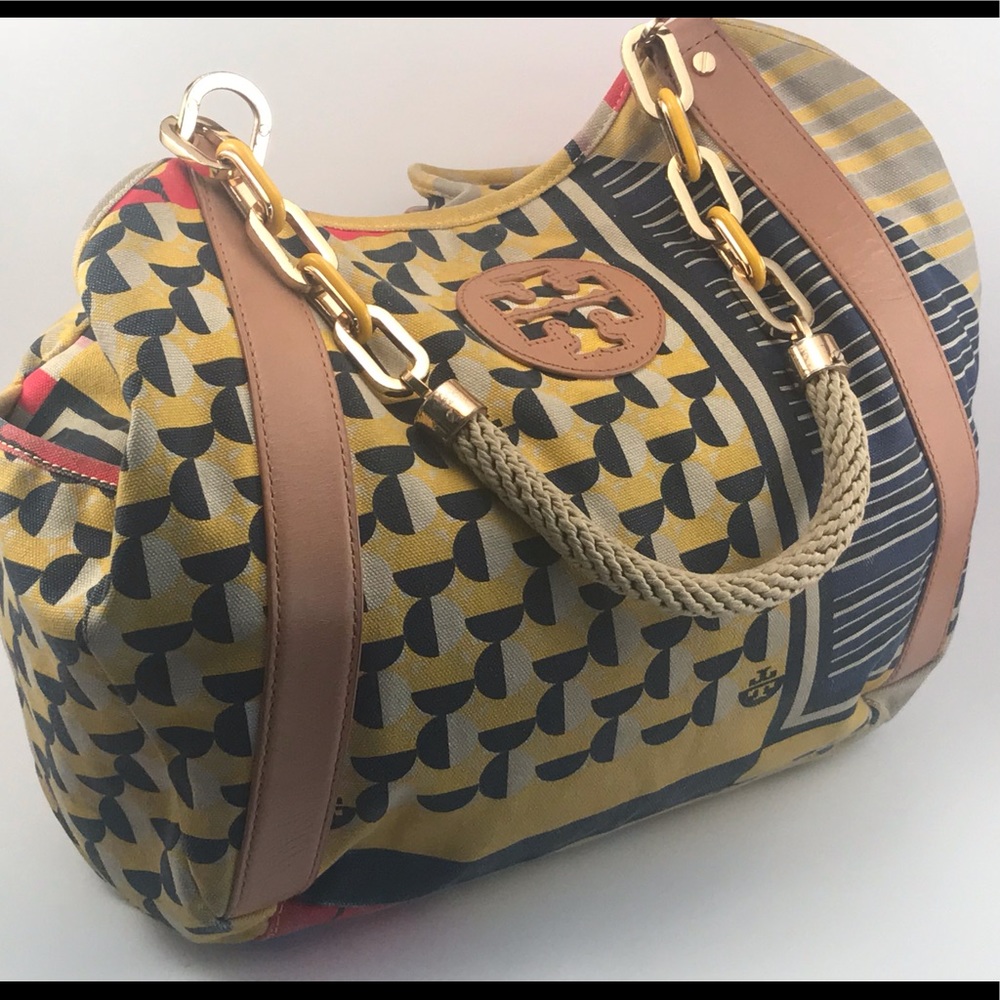 Tory Burch Yellow Navy Patterned Canvas Shoulder Bag with Tan Leather Trim